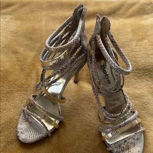 bebe Metallic Gold & Taupe Snake-Print Strappy High Heels